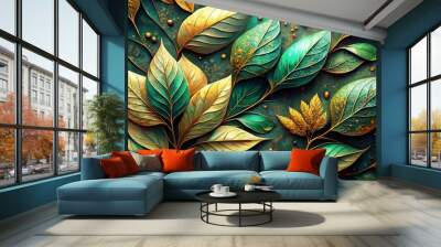 Golden and Emerald Leaves - Digital Art, Gold Leaf, Emerald Green, Nature Wall mural