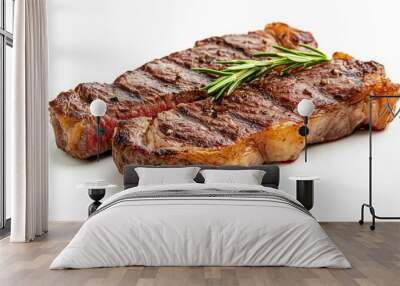 Grilled Steak with Rosemary, Two Steaks, White Background, Juicy and Flavorful, steak, meat, food Wall mural