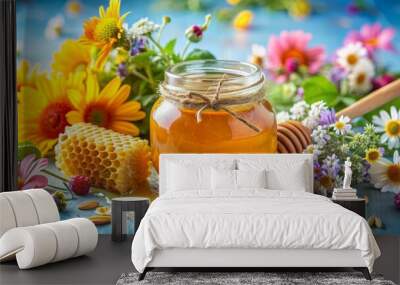 Honeycomb, Jar of Honey with Flower Bouquet on Blue Background, Honey, Beeswax, Floral ,honeycomb,beeswax Wall mural