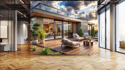 Modern Terrace Design with Sunset View, Deck, Outdoor Furniture, Landscape,  architecture, home design, outdoor living Wall mural