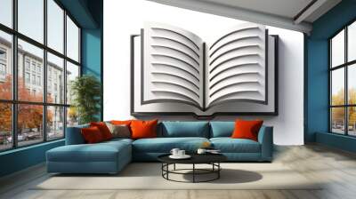 Open Book with Curved Lines, 3D Rendering, White Background, Book Cover, Reading, Literature, Knowledge Wall mural