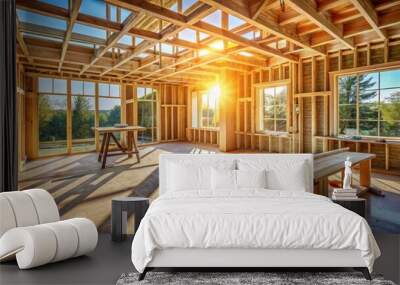 Sunlight Streaming Through the Framing of a New Home, construction , new home , home building Wall mural