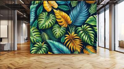 Tropical Leaf Pattern, Seamless, Jungle, Green, Gold,  Tropical Pattern, Vector Illustration Wall mural