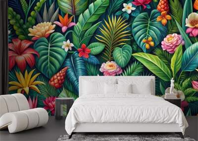 Tropical Paradise A Lush Tapestry of Flowers and Foliage, Seamless Pattern, Vibrant Colors, Jungle Art, Tropical Flowers, Green Foliage, Nature Wall mural