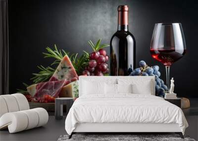 Visually stunning arrangement of red wine, blue cheese, prosciutto, grapes, and rosemary on a black backdrop, inviting culinary creativity Wall mural