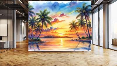 Watercolor Sunset on a Tropical Beach with Palm Trees, watercolor, painting, sunset, palm trees, beach, tropical Wall mural