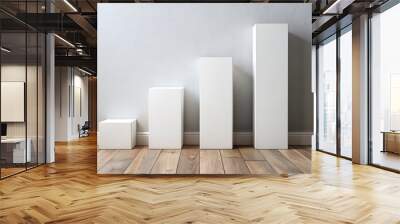 White Cubes Ascending on Wooden Floor, Minimalist, 3D, Modern, Product Display, Interior Design, Mockup Wall mural