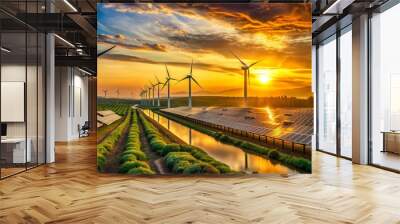 Wind and Solar Energy at Sunset, green energy, renewable energy, sustainable energy Wall mural