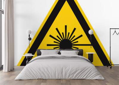 Laser radiation hazard safety danger warning text sign sticker label, high power beam icon signage, isolated black triangle over yellow, large macro closeup Wall mural