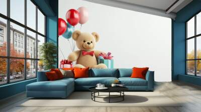 3d illustration teddy bear with gifts and balloons, birthday card Wall mural