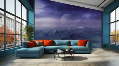 3d rendered Space Art: Alien Planet - A Fantasy Landscape with blue skies and stars Wall mural