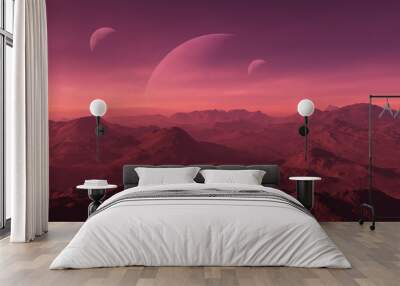 3d rendered Space Art: Alien Planet - A Fantasy Landscape with red skies and planets Wall mural