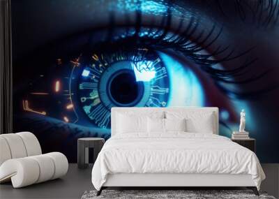 A close-up of a human eye with a futuristic cybernetic implant, glowing with digital overlays and neon lights, evoking a sense of advanced technology and surveillance Wall mural