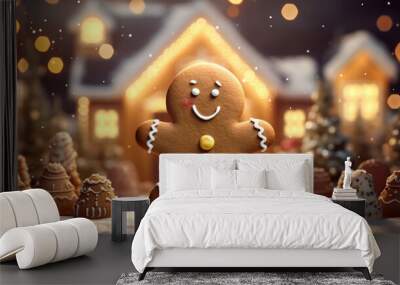 A Cute Smiling Gingerbread Man Against His Cozy Gingerbread House Wall mural