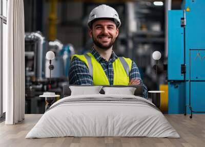 A handsome male worker wearing a safety helmet and yellow vest is standing in front of the machines with his arms crossed Wall mural