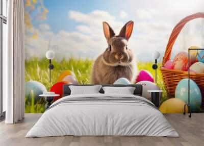 An adorable bunny sits next to a basket filled with colorful Easter eggs in a vibrant meadow under the cheerful spring sun Wall mural