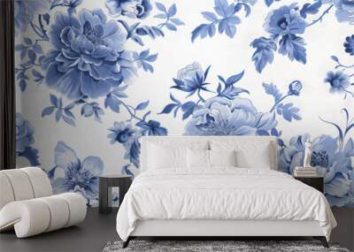 Drawing of chinoiserie blue flowers on vintage background Wall mural