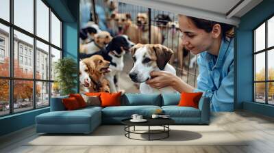 female volunteer in uniform at animal shelter petting rescued dogs Wall mural