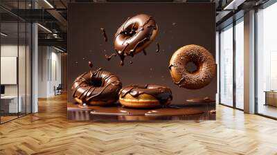 Generated AI,Flying glazed donuts isolated over brown background Wall mural