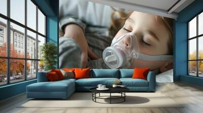 Girl 5 years wearing oxygen mask sleeping in bed, recovering after sickness in hospital ward Wall mural