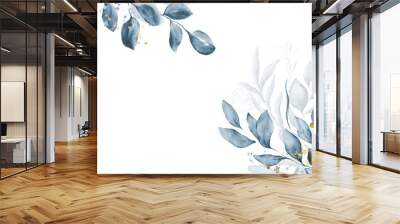 Pale blue leaves - botanical design banner. Floral pastel watercolor border frame. Wall mural