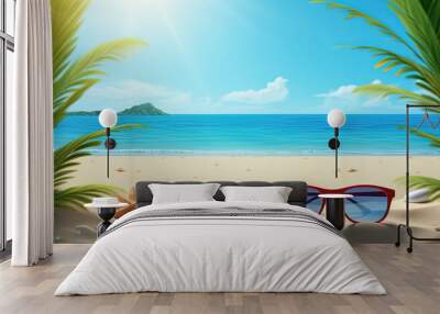 Summer Holiday, sun glasses and palm trees at the beach, blue sky. Generative AI. Wall mural