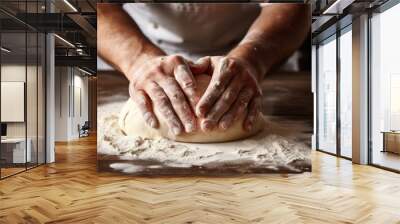 The hands of a man kneading bread dough. Baking bread. Generative AI. Wall mural