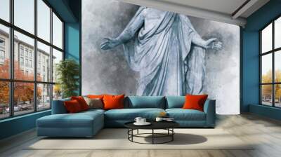 Watercolor painting of medieval church Statue of Jesus Christ with hands outstretched Wall mural