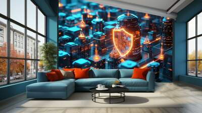 Cybersecurity shield enveloping a digital city symbolizing protection and crime prevention in the digital age Wall mural