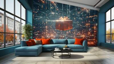 High tech gift box suspended in a digital universe connected by beams of light and a sparkling ribbon Wall mural