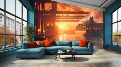 Sunset illuminating a container ship at a global logistic terminal  sharp front view  cranes and forklifts in motion  dynamic port scene Wall mural