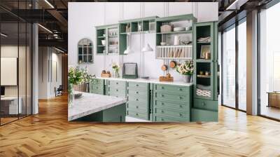 New stylish white kitchen with green furniture Wall mural