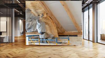 Professional worker in overalls working with rockwool insulation material Wall mural