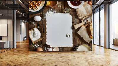 a blank recipe card sitting on a wooden kitchen table surrounded by flour, eggs, milk, grounded sugar, salt, oil, a waffle iron, a plate with waffles, jam in a jar, hazelnut cream in a jar, menu desig Wall mural