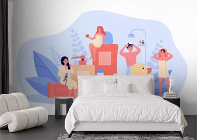 Bathroom and spa procedures concept. People taking shower, using soap, shampoo bottles, sponge. Vector illustration for hygiene, daily routine, cosmetics topics Wall mural