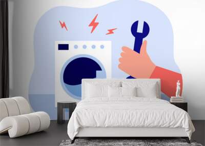 Broken washing machine and hand with wrench. Repairman fixing household appliances flat vector illustration. Occupation, maintenance, service concept for banner, website design or landing web page Wall mural