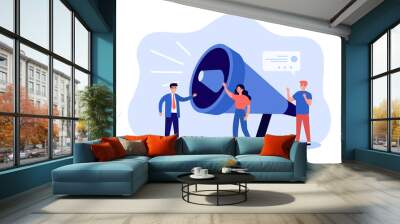 Business people announcing loud message through megaphone. Tiny characters drawing attention to news flat vector illustration. Warning content concept for banner, website design or landing web page Wall mural