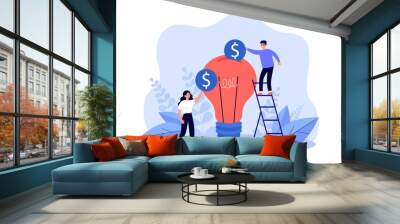 Business people investing in creative idea. Tiny man and woman throwing coins into light bulb flat vector illustration. Investment, innovation concept for banner, website design or landing web page Wall mural