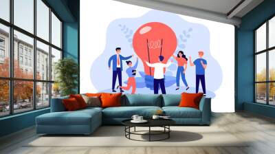 Business people team gathering around lightbulb. Men and women group meeting and brainstorming flat vector illustration. Idea, teamwork concept for banner, website design or landing web page Wall mural