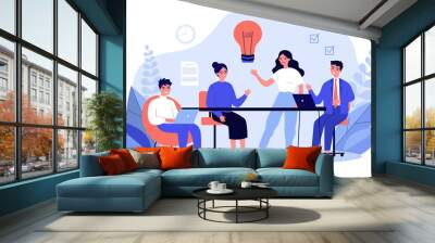 Business team working together, brainstorming, discussing ideas for project. People meeting at desk in office. illustration for co-working, teamwork, workspace concept Wall mural