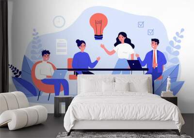 Business team working together, brainstorming, discussing ideas for project. People meeting at desk in office. Vector illustration for co-working, teamwork, workspace concept Wall mural