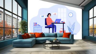 Businesswoman working on laptop in office vector illustration. Cartoon drawing of happy busy woman analyzing financial charts and responding to e-mails. Business, workplace, occupation concept Wall mural