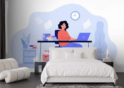 Busy secretary sitting at desk with laptop, folders and pile of papers isolated flat vector illustration. Cartoon overworked businesswoman working in office. Workaholic and workplace concept Wall mural