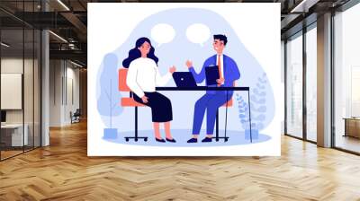 Candidate and HR manager having job interview. Business man and woman meeting at table, talking with speech bubbles. illustration for conversation, career, human resource concept Wall mural