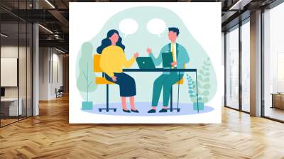 Candidate and HR manager having job interview. Business man and woman meeting at table, talking with speech bubbles. Vector illustration for conversation, career, human resource concept Wall mural