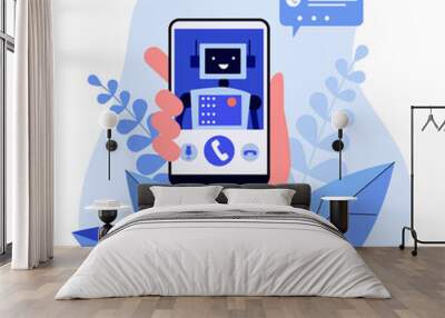 Cartoon hand holding smartphone with robot. Call, contact, phone flat vector illustration. Communication and digital technology concept for banner, website design or landing web page Wall mural