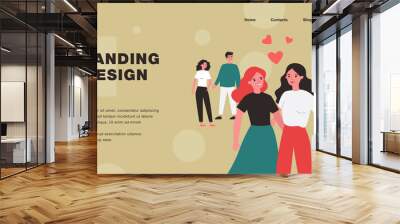 Cartoon people judging happy lesbian couple. Angry persons avoiding two gay women flat vector illustration. LGBT, love, relationship, tolerance concept for banner, website design or landing web page Wall mural