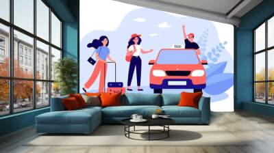 Cartoon taxi driver greeting female passengers. Women with luggage getting into cab flat vector illustration. Taxi service, traveling, transportation concept for banner, website design or landing page Wall mural