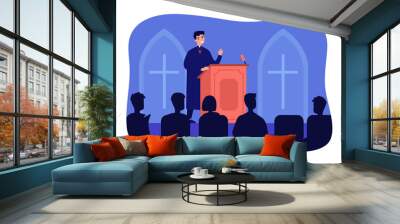 Catholic priest speaking on podium of church. Preaching of reverend father standing at tribune flat vector illustration. Religious speech concept for banner, website design or landing web page Wall mural