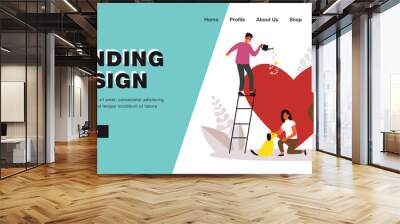 Charity and help from community of tiny volunteers. People giving care to big heart flat vector illustration. Voluntary, sponsorship, altruism concept for banner, website design or landing web page Wall mural